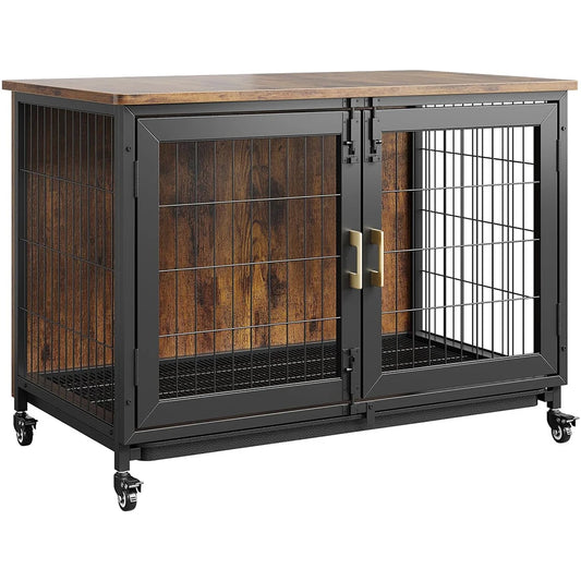 37.5 Inch Wooden Dog Crate Furniture with Wheels, Heavy Duty Steel Frame & Removable Tray, Rustic End Table for Medium Dogs up to 66 LBS, Lockable Casters for Easy Move