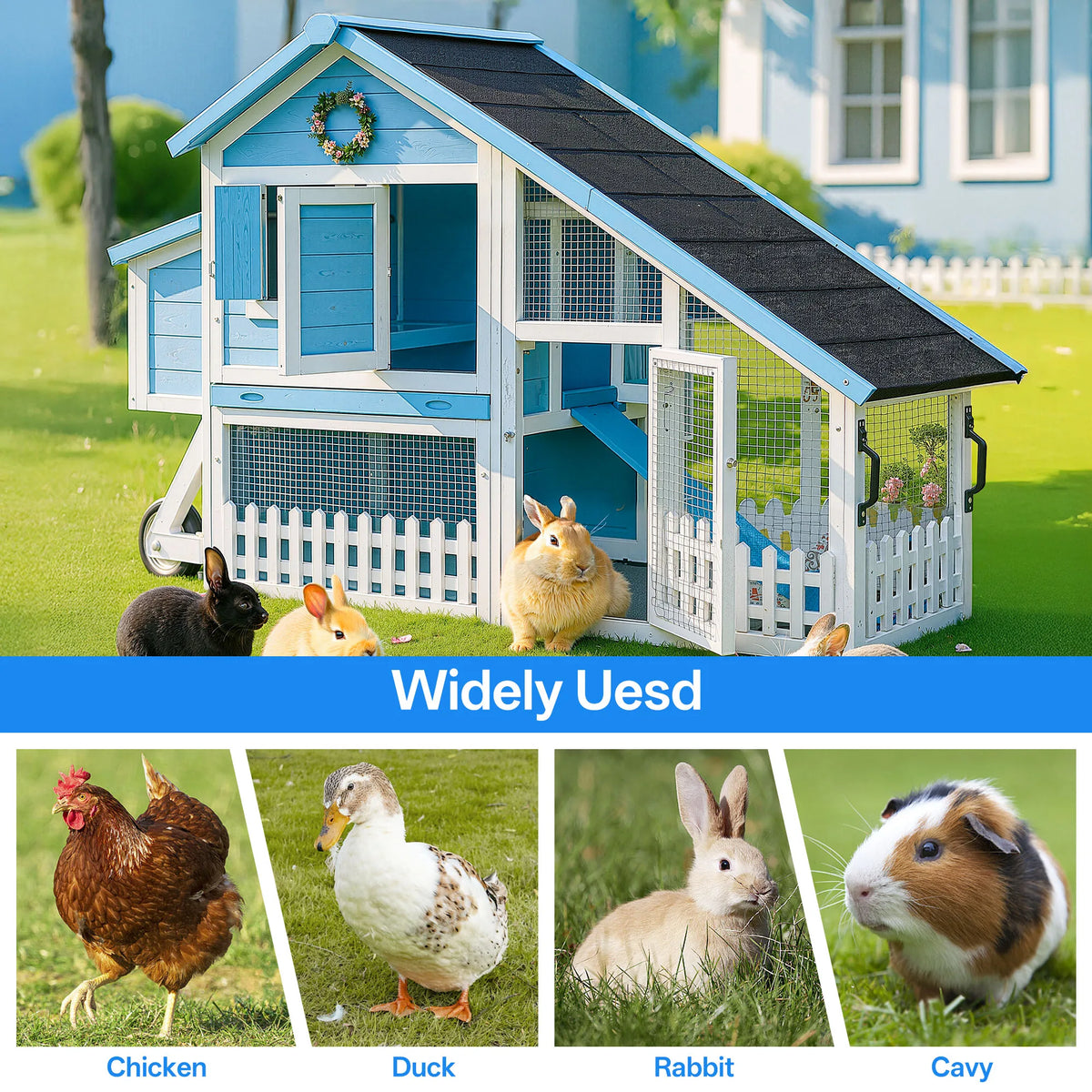 Outdoor Wheeled Double-Decker Rabbit Hutch with Fence Waterproof Solid Wood Pet Cage Mobile Home for Rabbits Chickens & Ducks