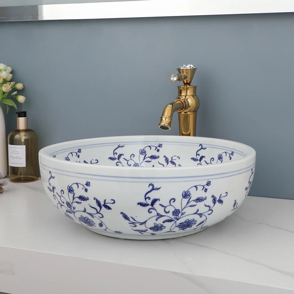 MEKKHALA Hand Painted Ceramic Vessel Sink And Faucet Combo
