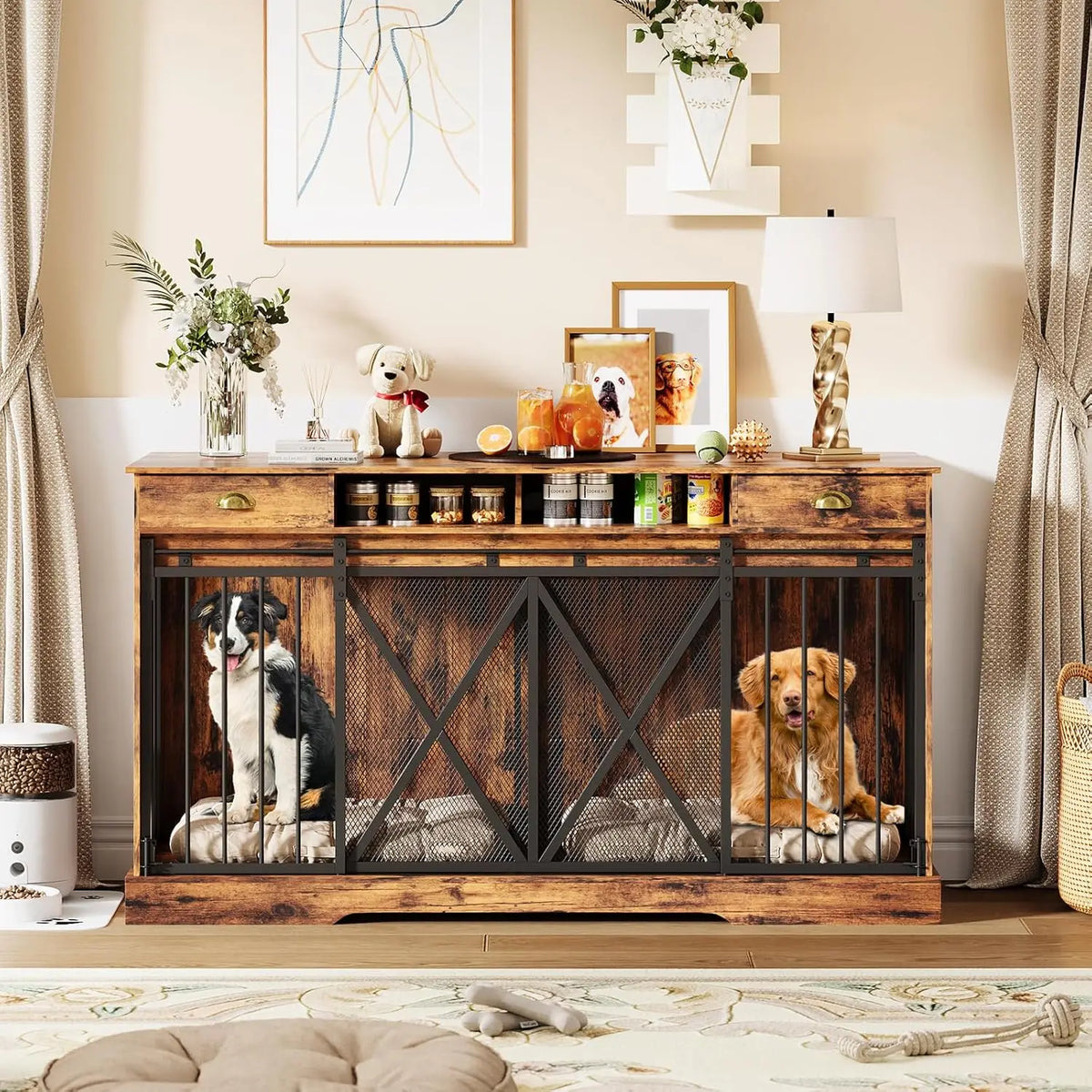 63 in Extra Large Double Dog Crate with Removable Divider, Heavy Duty Dog Kennel Furniture with 2 Drawers, Decorative TV Stand