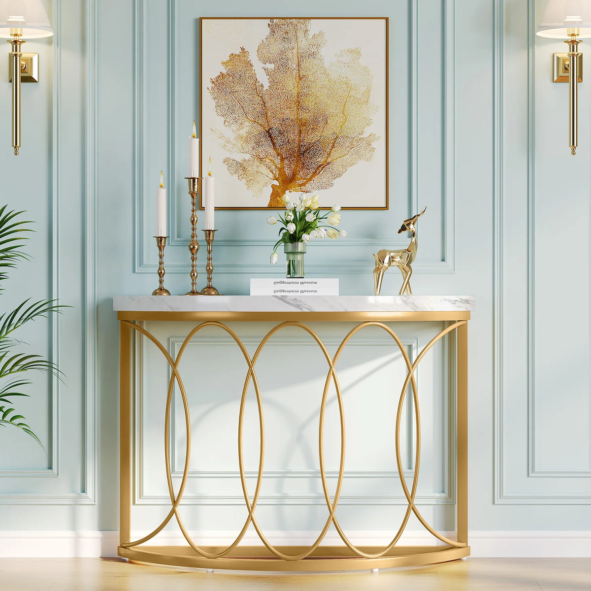 Tribesigns Modern Half Moon Console Table With Geometric Metal Frame