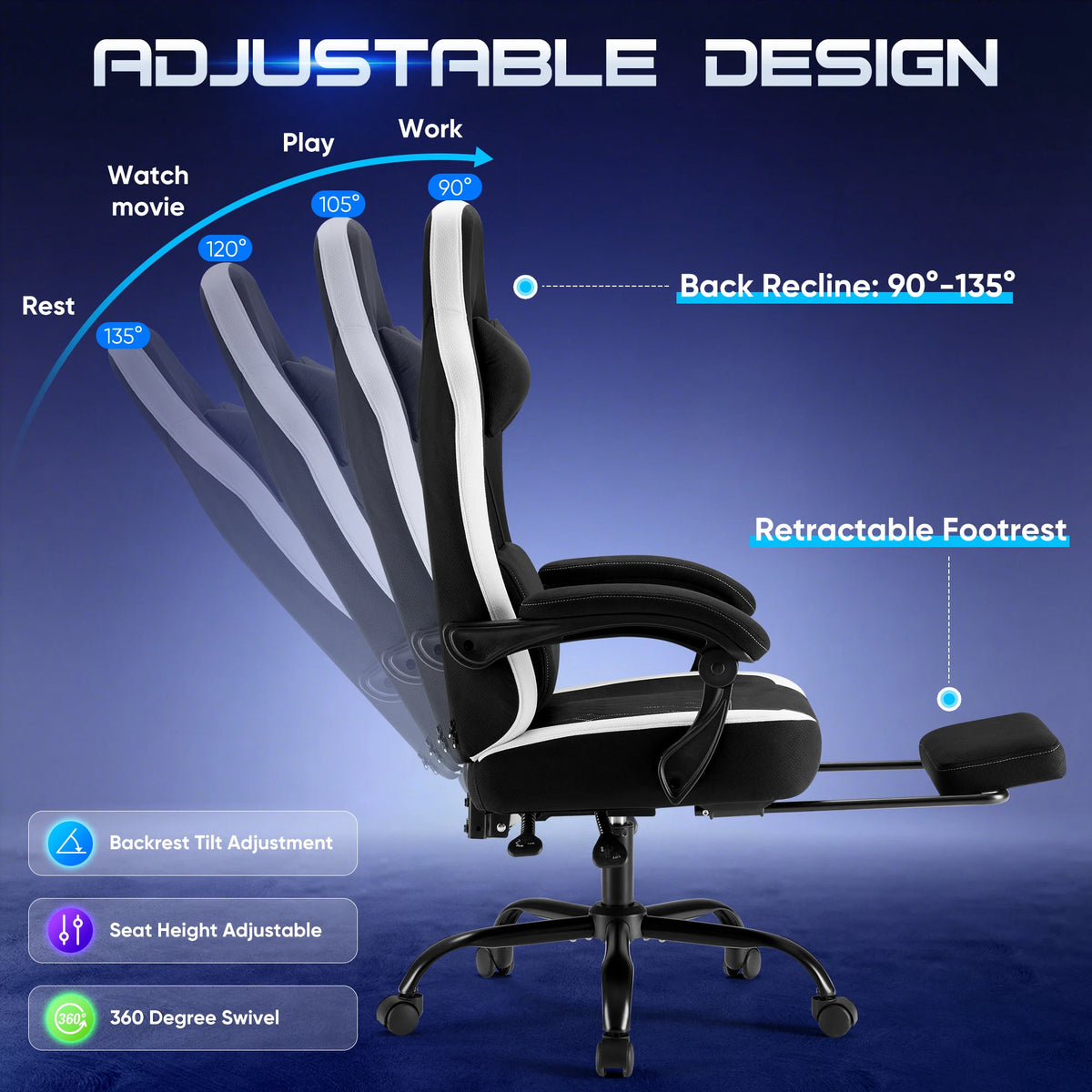 JHK Ergonomic Gaming Chair With Headrest And Lumbar Support
