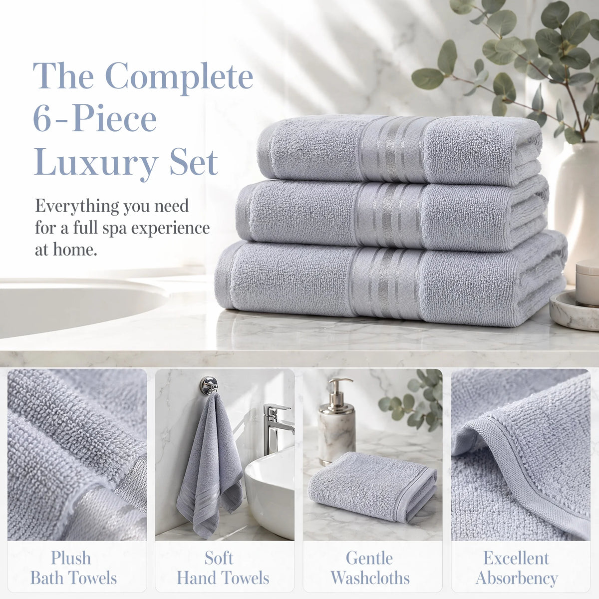 Premium 6 Piece 100 Percent Cotton Bath Towel Collection