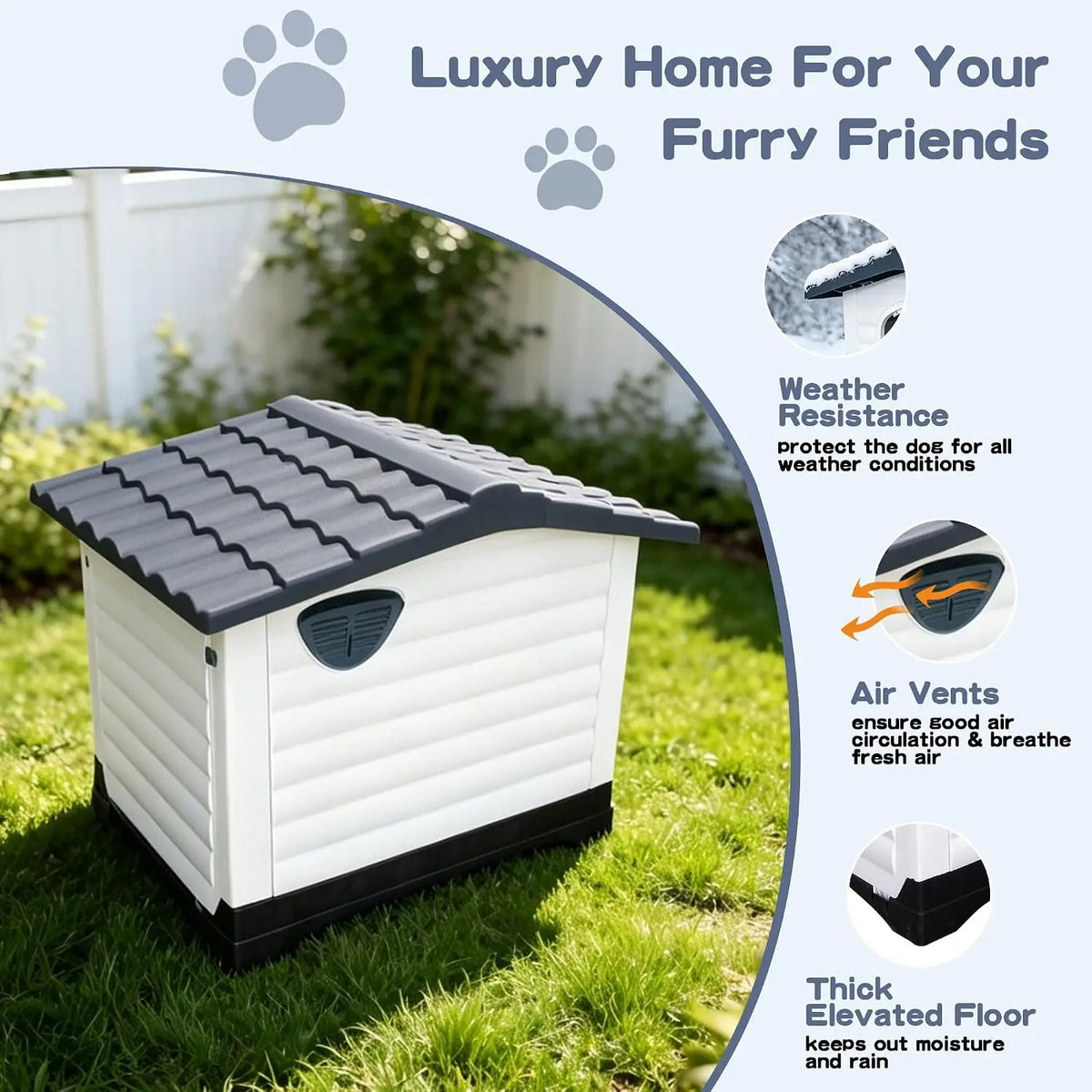 Waterproof 2-Door Dog House, Grey – Fold-Out Porch, Elevated Base, for Indoor/Outdoor Use, Small & Medium Dogs, 31"L X 21"W X 26"H, Easy Assembly