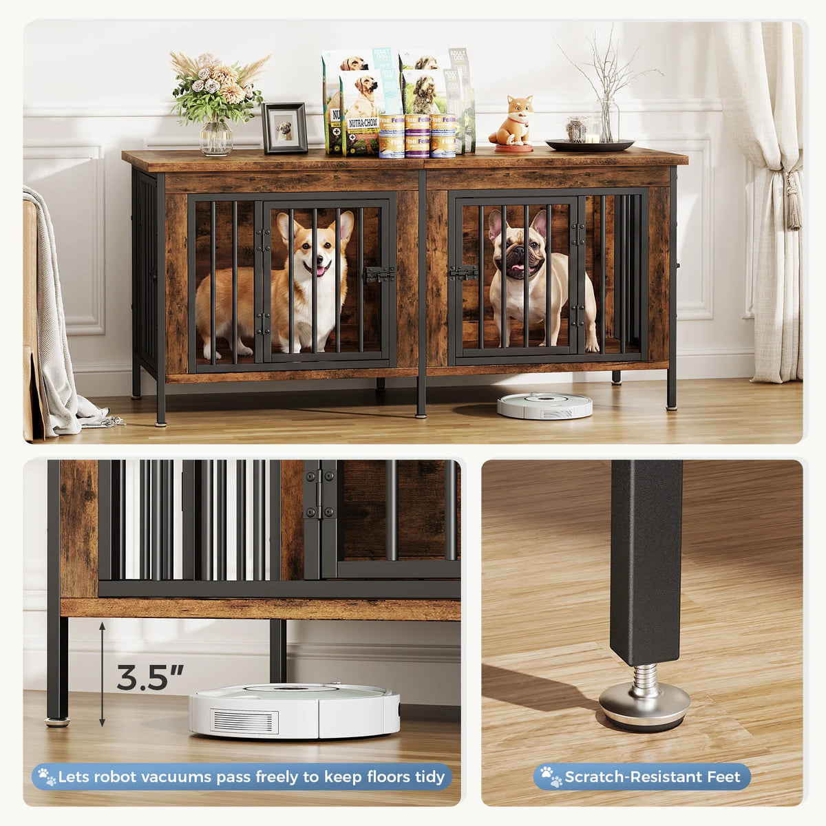 JHK 54 Inch Double Door Wooden Dog Cage with Divider Heavy Duty Extra Large Pet Kennel for Indoor Outdoor Dog Kennel Furniture