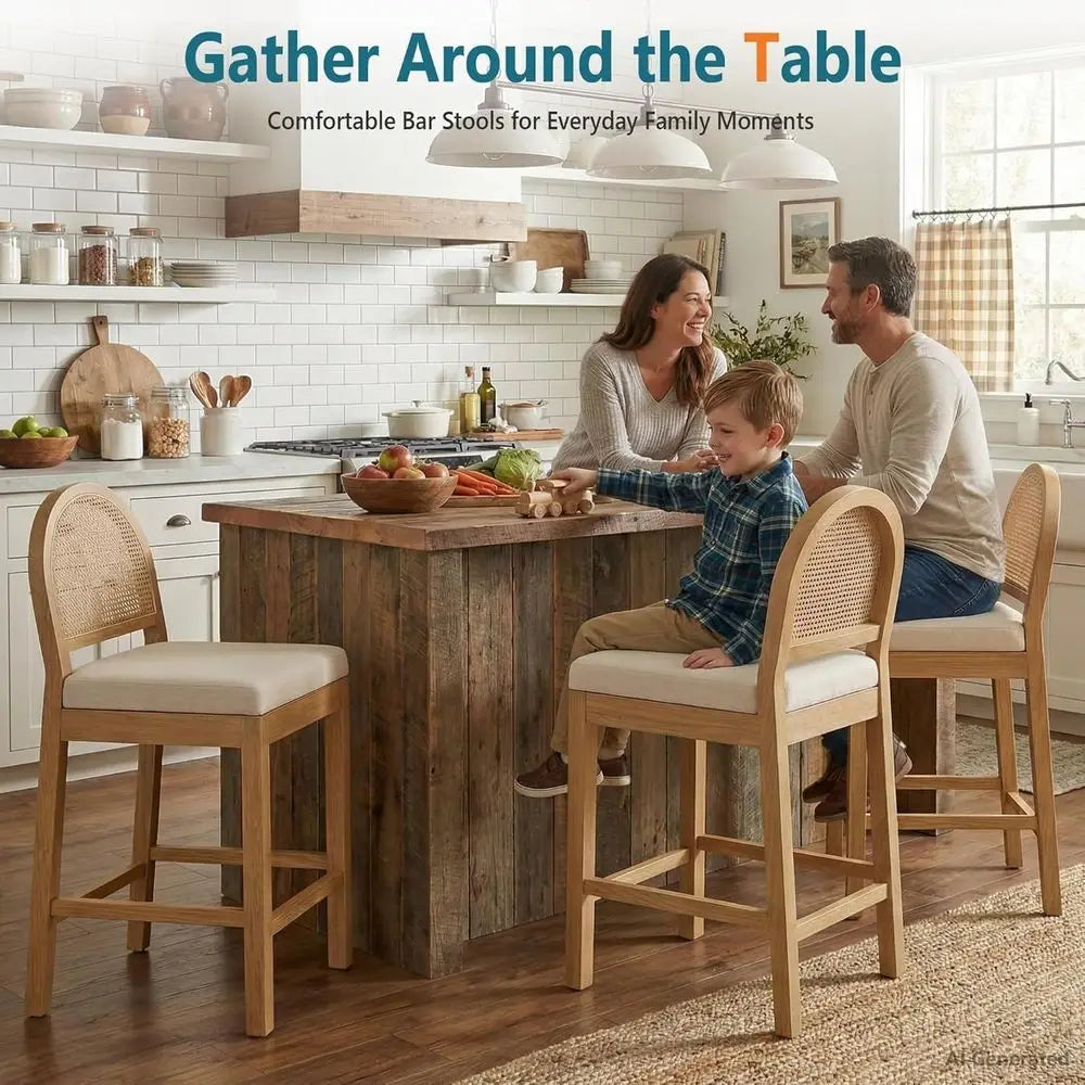 Upholstered Rattan Counter Height Bar Stools With Soft Chenille Seats