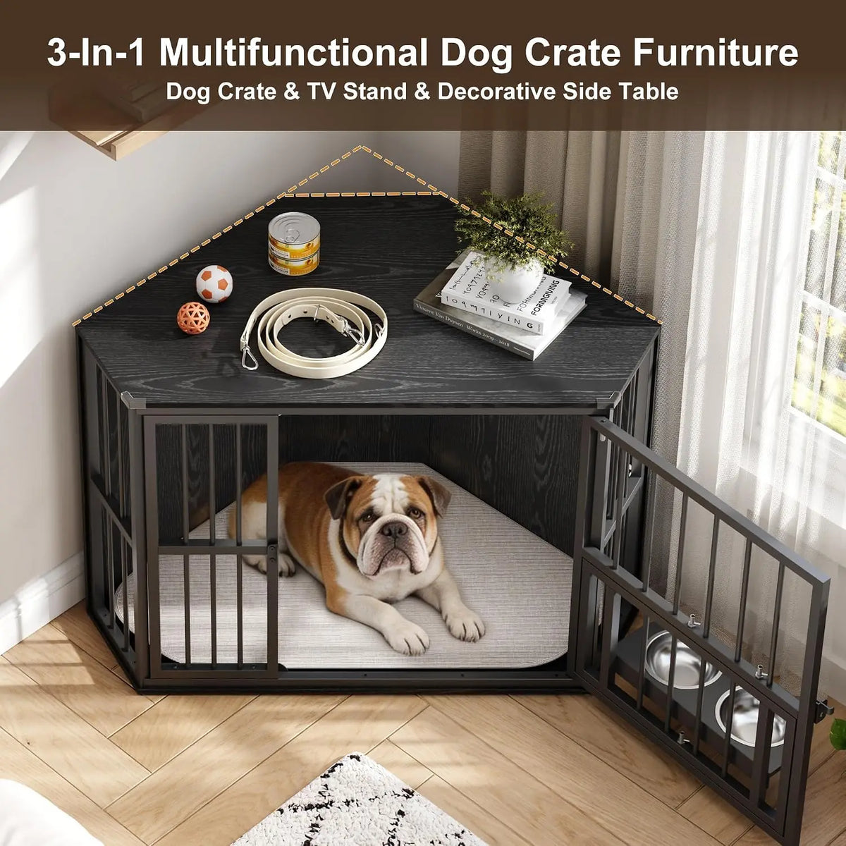 Wooden Corner Dog Crate Furniture With Double Door Lockable Cage