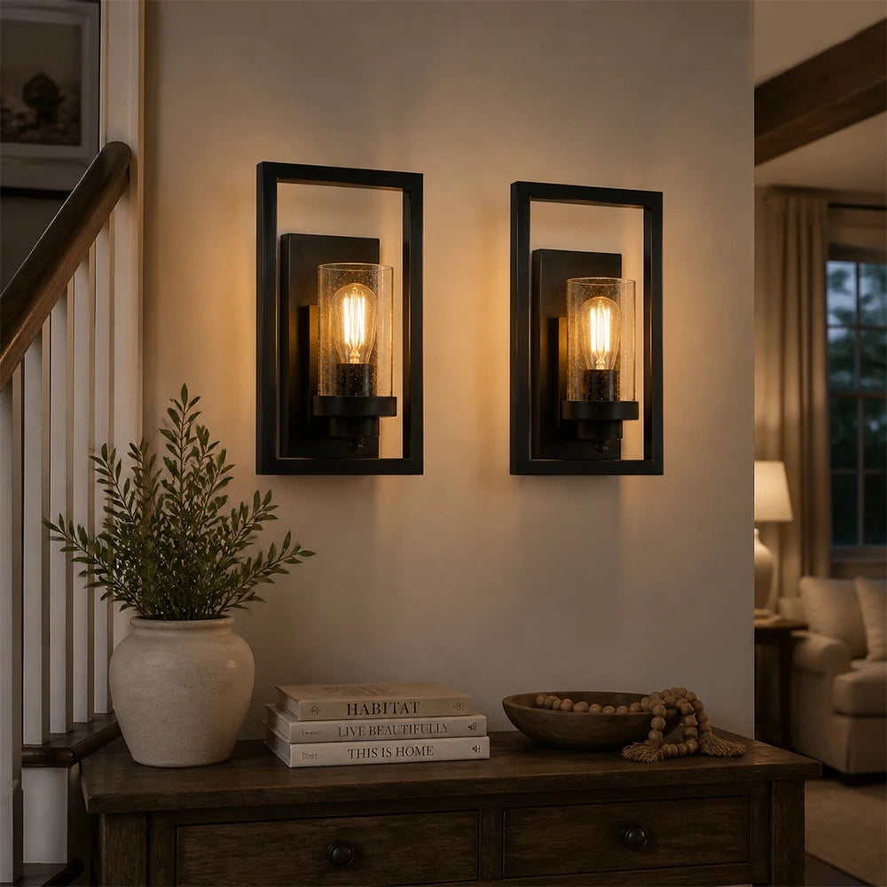 Glass Wall Sconce, Industrial Vintage Wall Lights with Clear Glass Shade, Square Metal Wall Mount Lighting, E26 Base, for Dinning Room, Bedroom, Living Room, Black, Set of 2(not included bulbs)