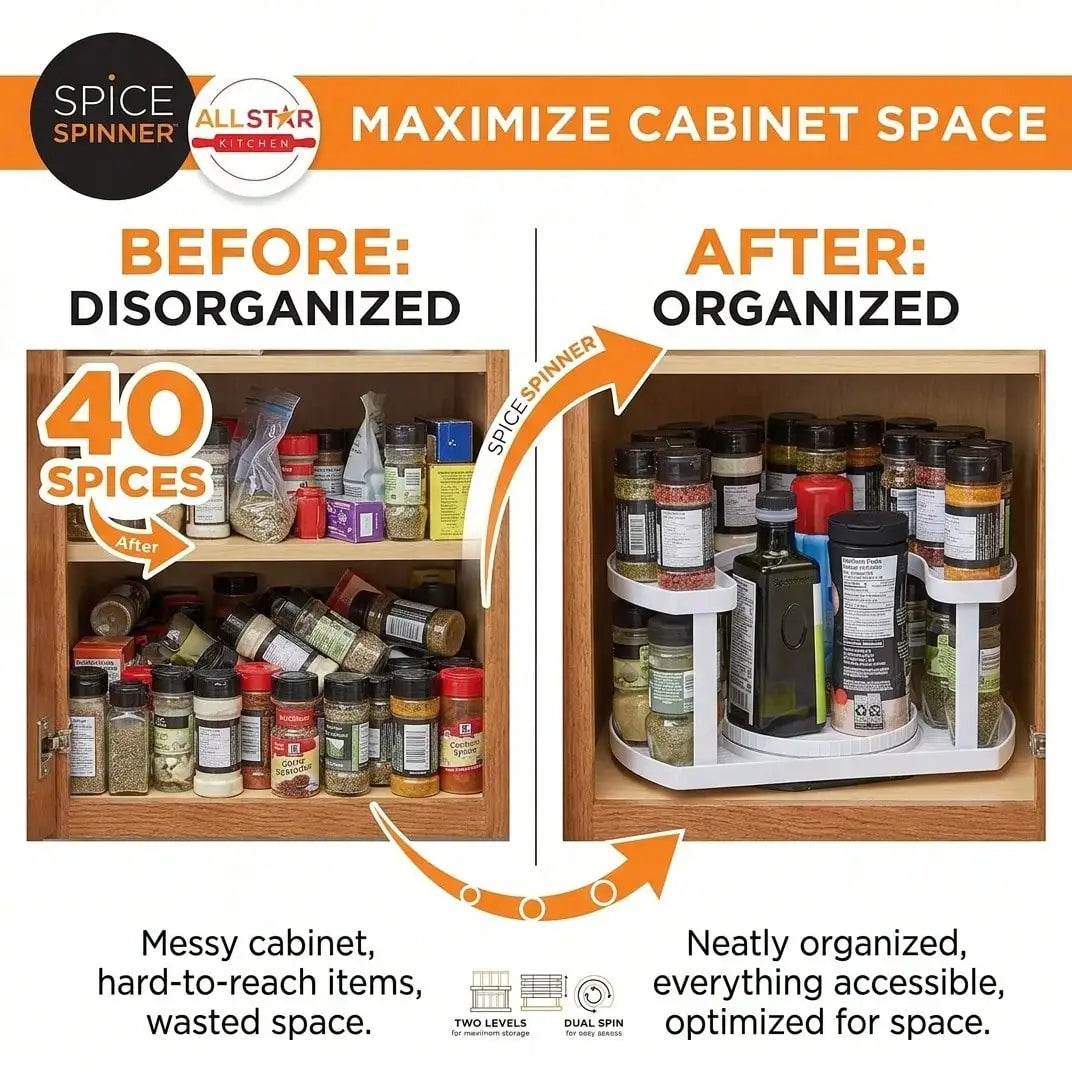 Two-Tier Rotating Spice Organizer D-Shape Lazy Susan Countertop Storage Rack