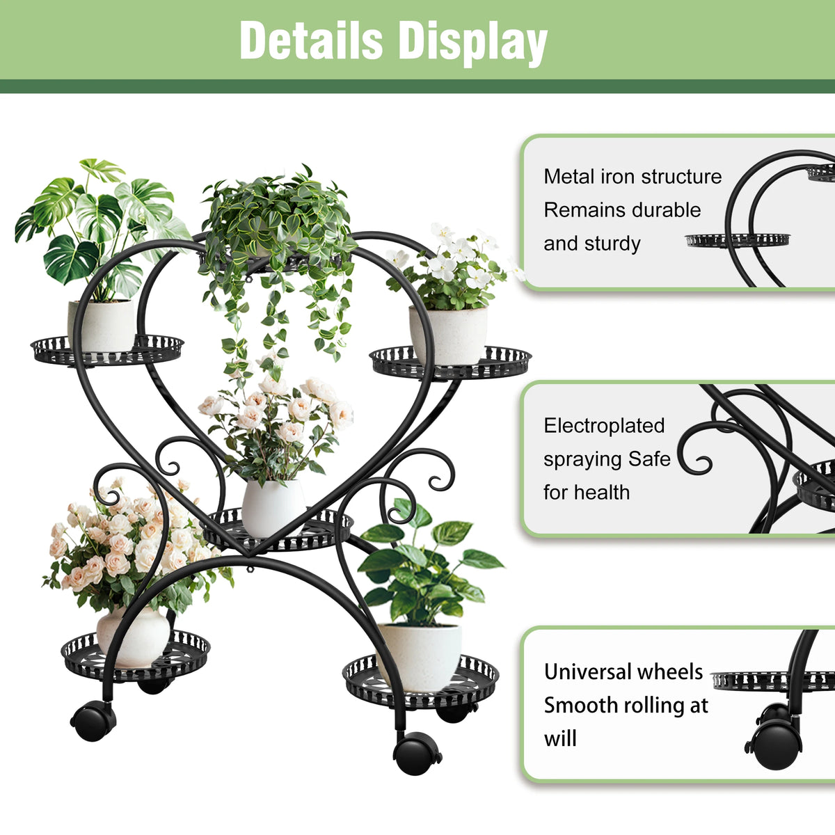 Wisfor Heart Shaped Metal Rolling Plant Stand Garden Display Rack