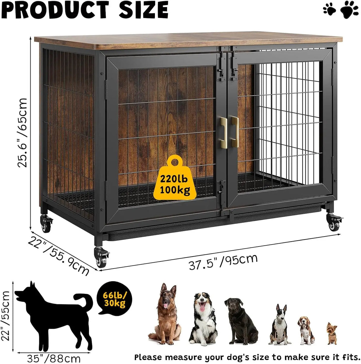 37.5 Inch Wooden Dog Crate Furniture with Wheels, Heavy Duty Steel Frame & Removable Tray, Rustic End Table for Medium Dogs up to 66 LBS, Lockable Casters for Easy Move