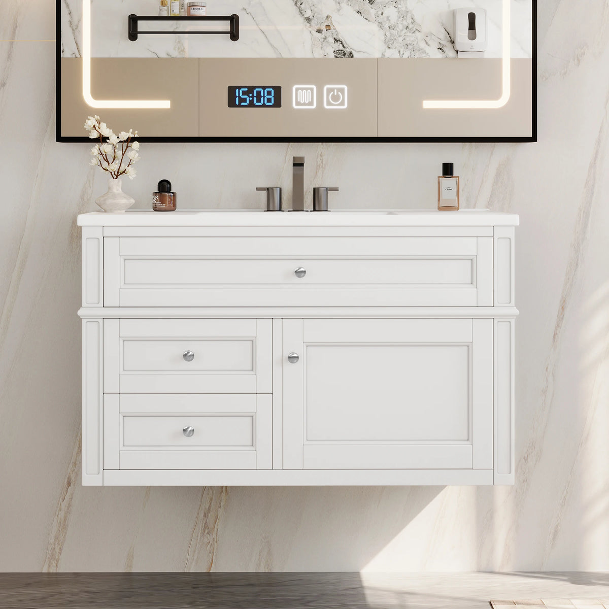 Modern Floating Bathroom Vanity With Ceramic Sink Storage Cabinet