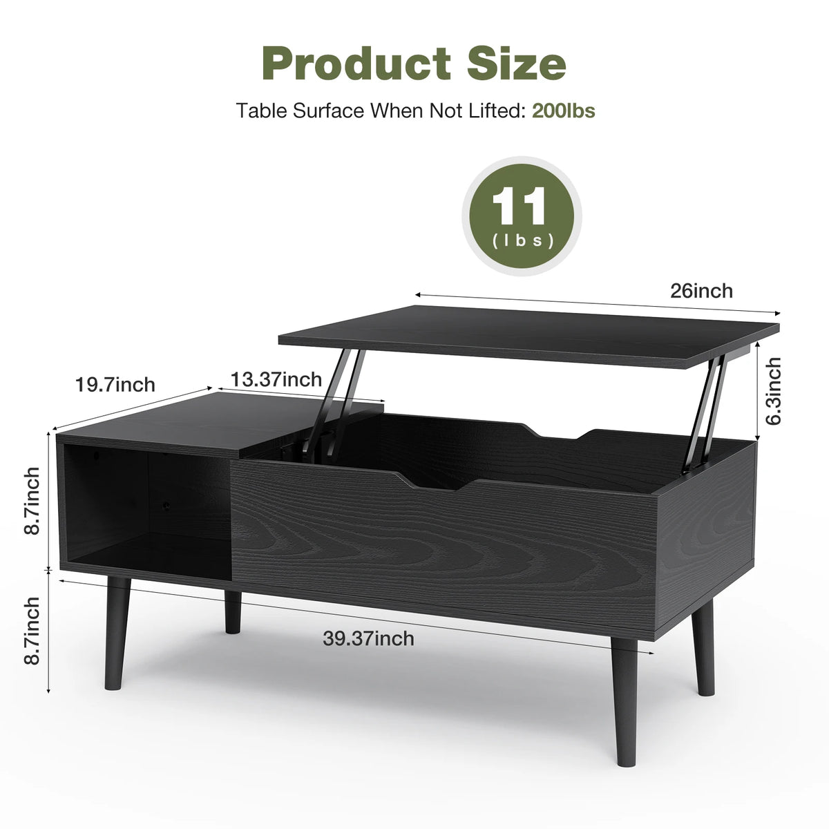 JHK Lift Top Coffee Table With Adjustable Wooden Storage
