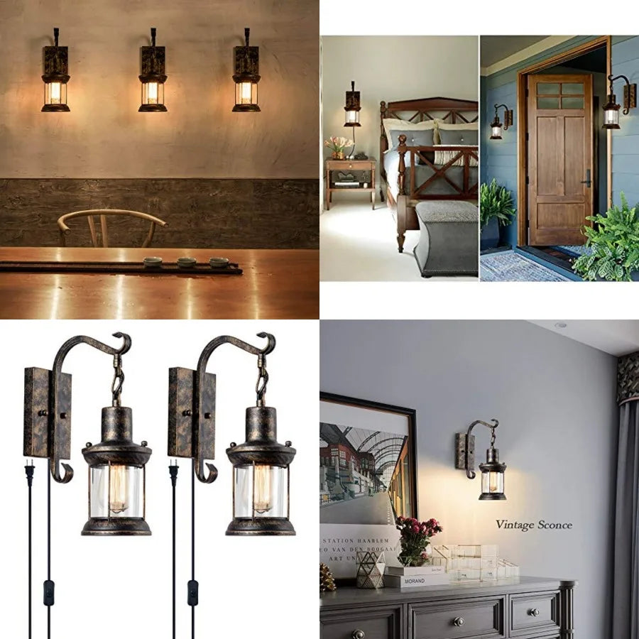 Rustic Wall Lamps, Lantern Wall Sconce Plug in Oil Rubbed Antique Wall Sconce Fixtures Farmhouse Interior Wall Lighting for Bed
