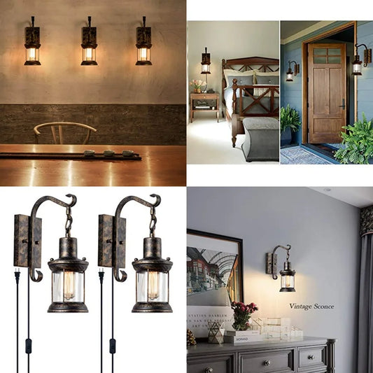 Rustic Wall Lamps, Lantern Wall Sconce Plug in Oil Rubbed Antique Wall Sconce Fixtures Farmhouse Interior Wall Lighting for Bed