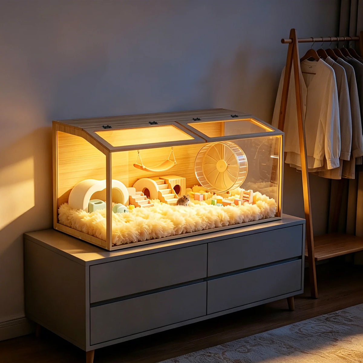 Wooden Hamster Cage Animal Cabinet for Guinea Pigs Hamster Habitat Openable Top Tabletop Habitat Enclosure Tempered Glass Panels