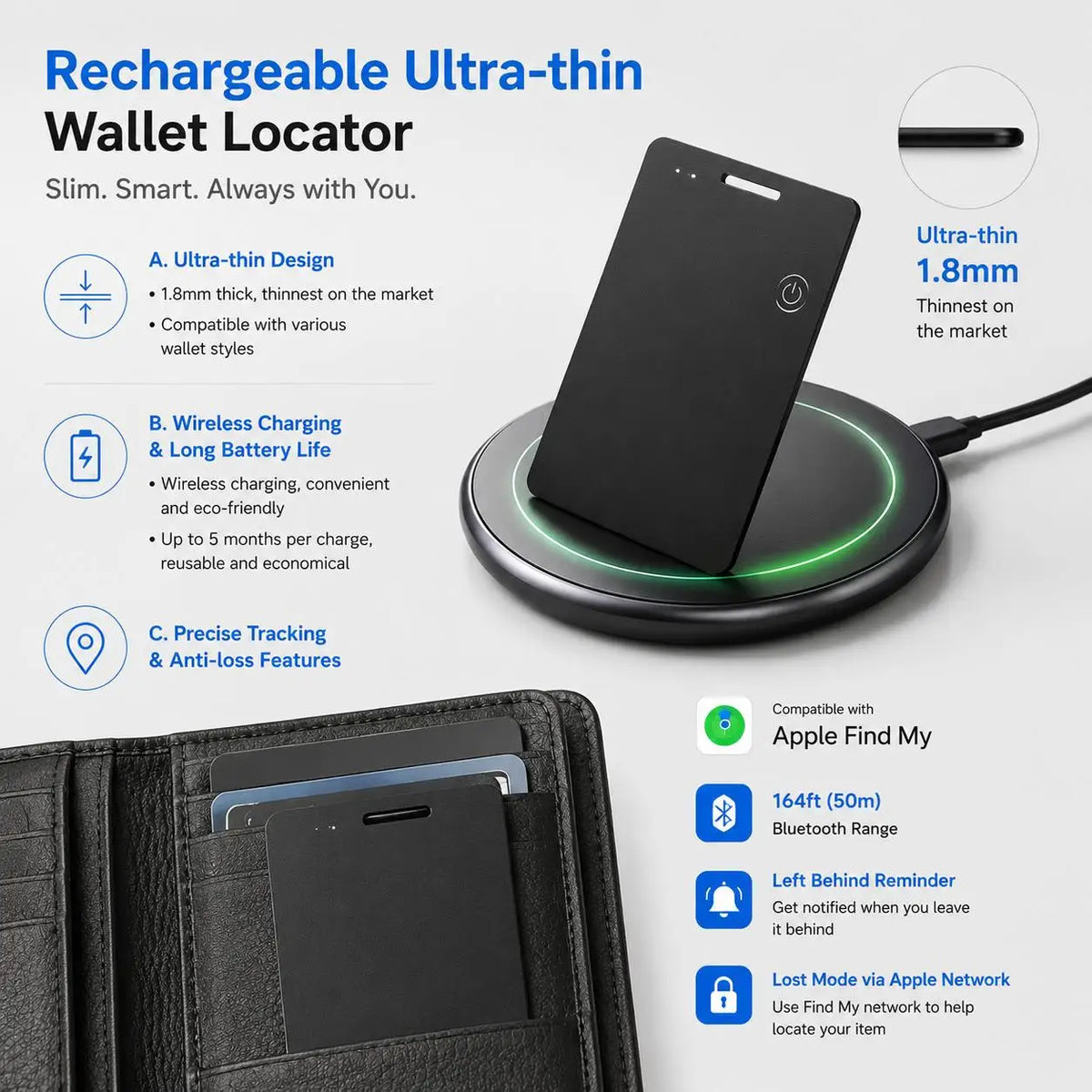 Ultra Thin Rechargeable Pet Wallet Tracker Waterproof Key Finder GPS Anti Lost Alarm Bluetooth Tracker Device for Dogs Cats Puppy Kitten Toddlers Kids Backpack Personal Safety Smart Tag Real Time Tracking