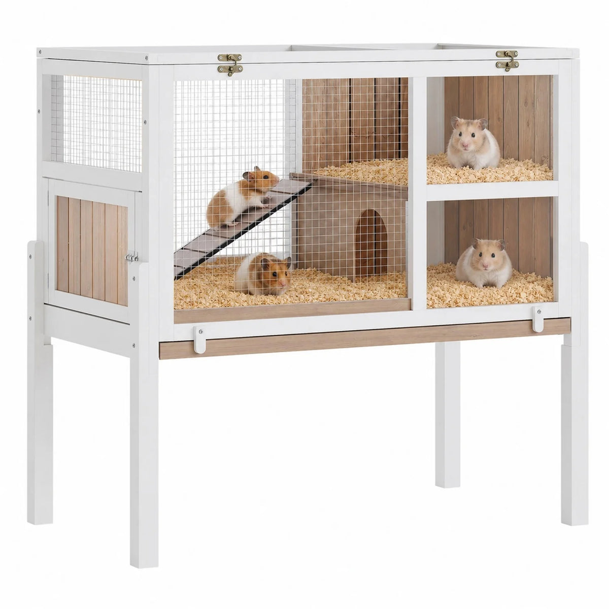 Wooden Guinea Pig Cage Indoor with Stand, 38" 2-Story Rabbit Hutch w/Ramp & Hideout, Clear Vision, Leak-Proof Pull-Out Tray, Lockable Door, Bunny Hamster Habitat