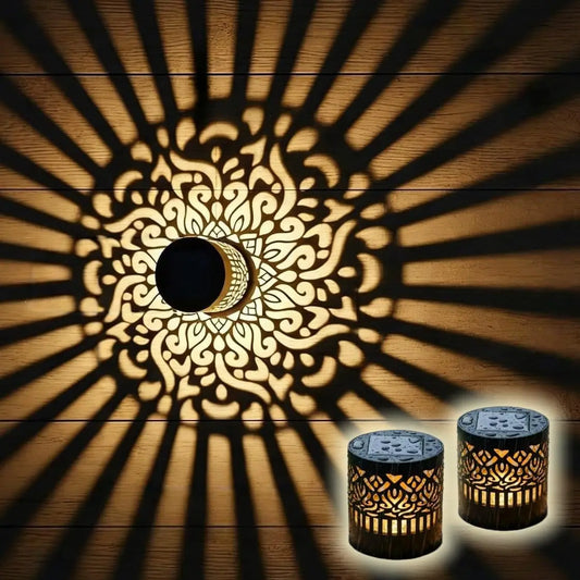 2 Pieces Solar Metal Wall Lights, Metal Solar Outdoor Patio Step Wall Lights, Tabletop Ambient Lights, Mandala Theme, Fence Lights, Suitable for Garden Posts, Backyard Decoration IP44