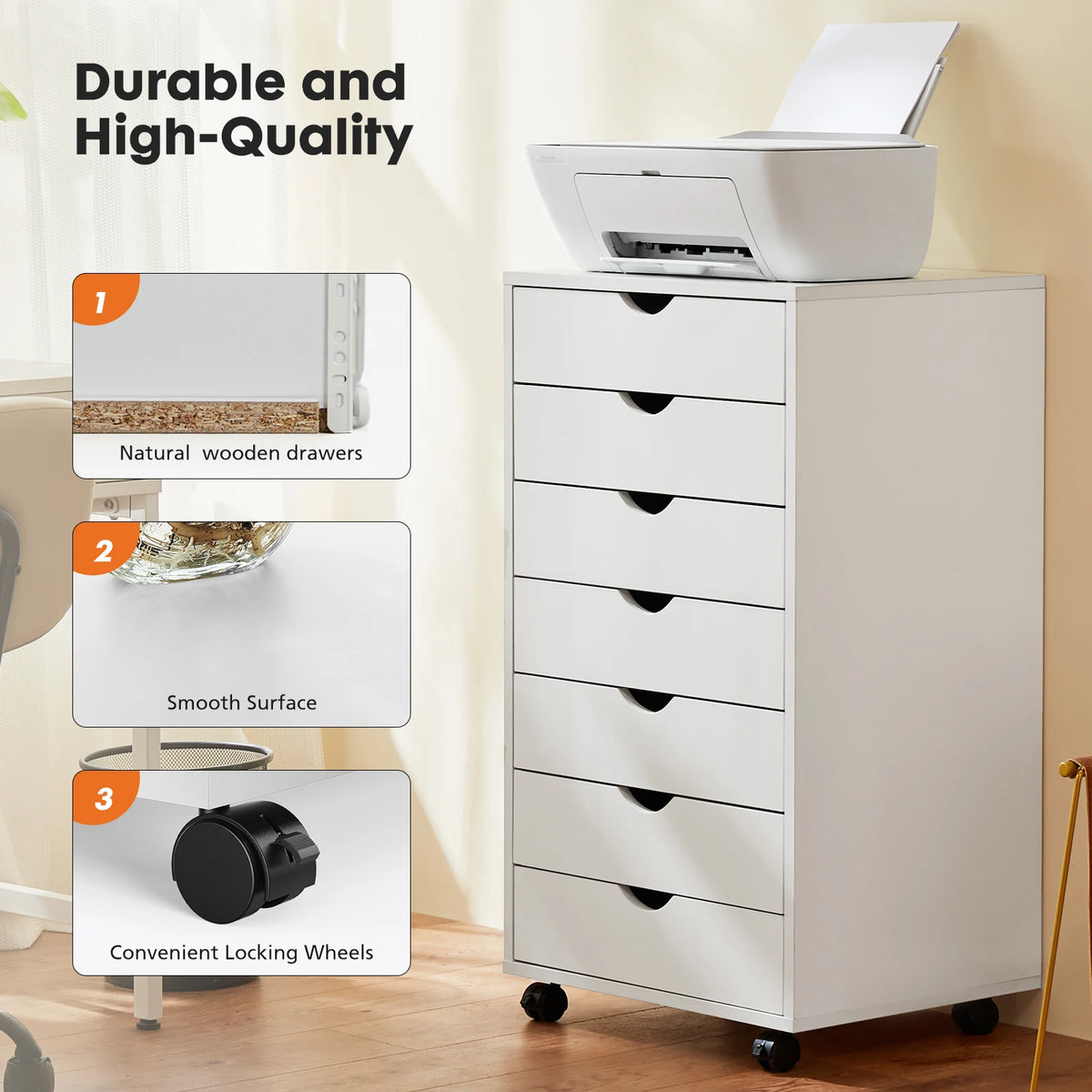 JHK 7 Drawer Wood Rolling Storage Cabinet With Spacious Compartments