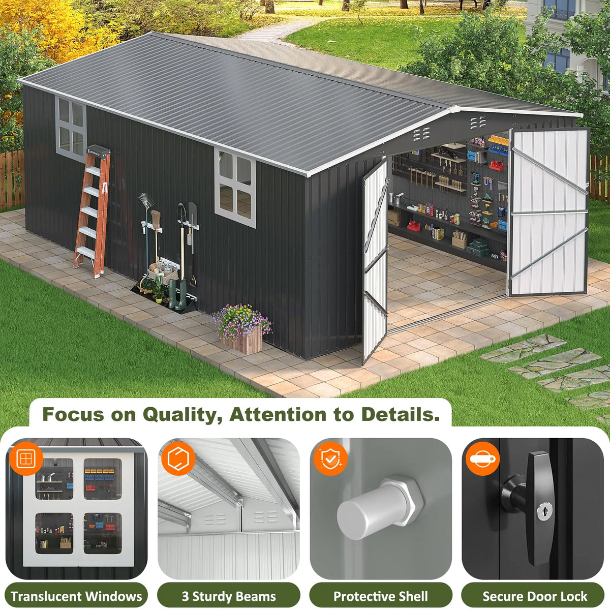 VIWAT Outdoor Metal Storage Shed With Lockable Door and Frame