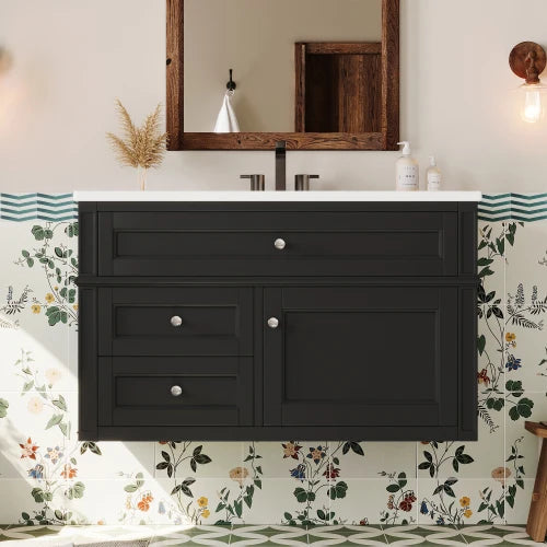 Modern Floating Bathroom Vanity With Ceramic Sink Storage Cabinet