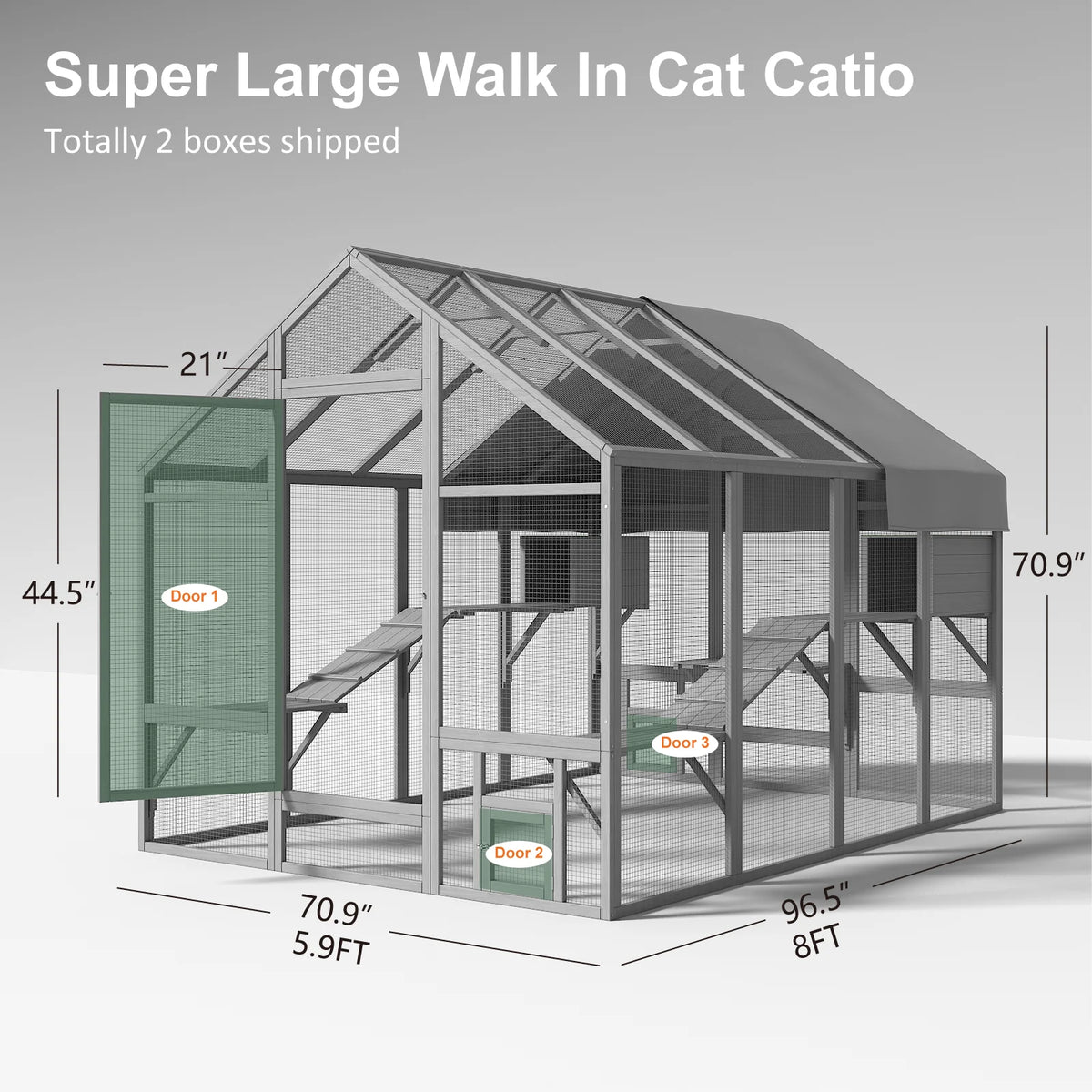 96.5" Walk-In Outdoor Cat Enclosure, Extra Large Waterproof Catio for Multiple Cats, Cat Run Cage with 2 Condos, 7 Platforms & Bridges, Grey