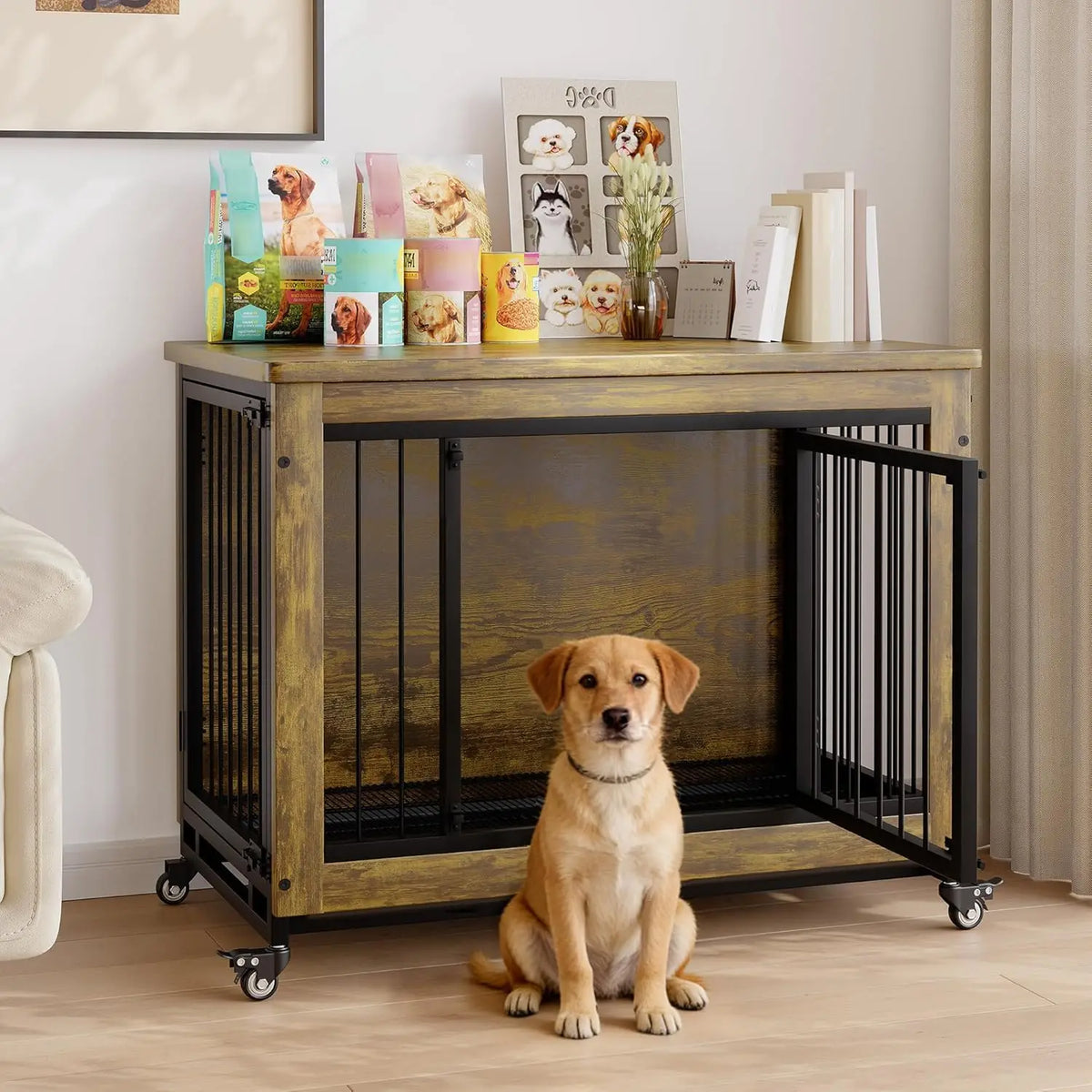ANIXOL Wooden Dog Crate Furniture With Locking Doors And Wheels