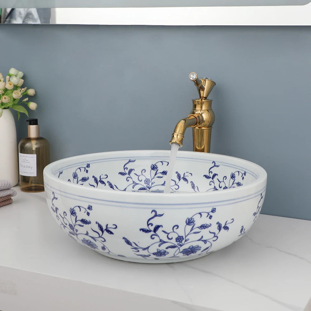 MEKKHALA Hand Painted Ceramic Vessel Sink And Faucet Combo