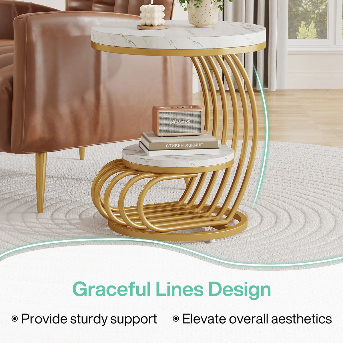 Tribesigns Two Tier Faux Marble End Table With Storage Shelf