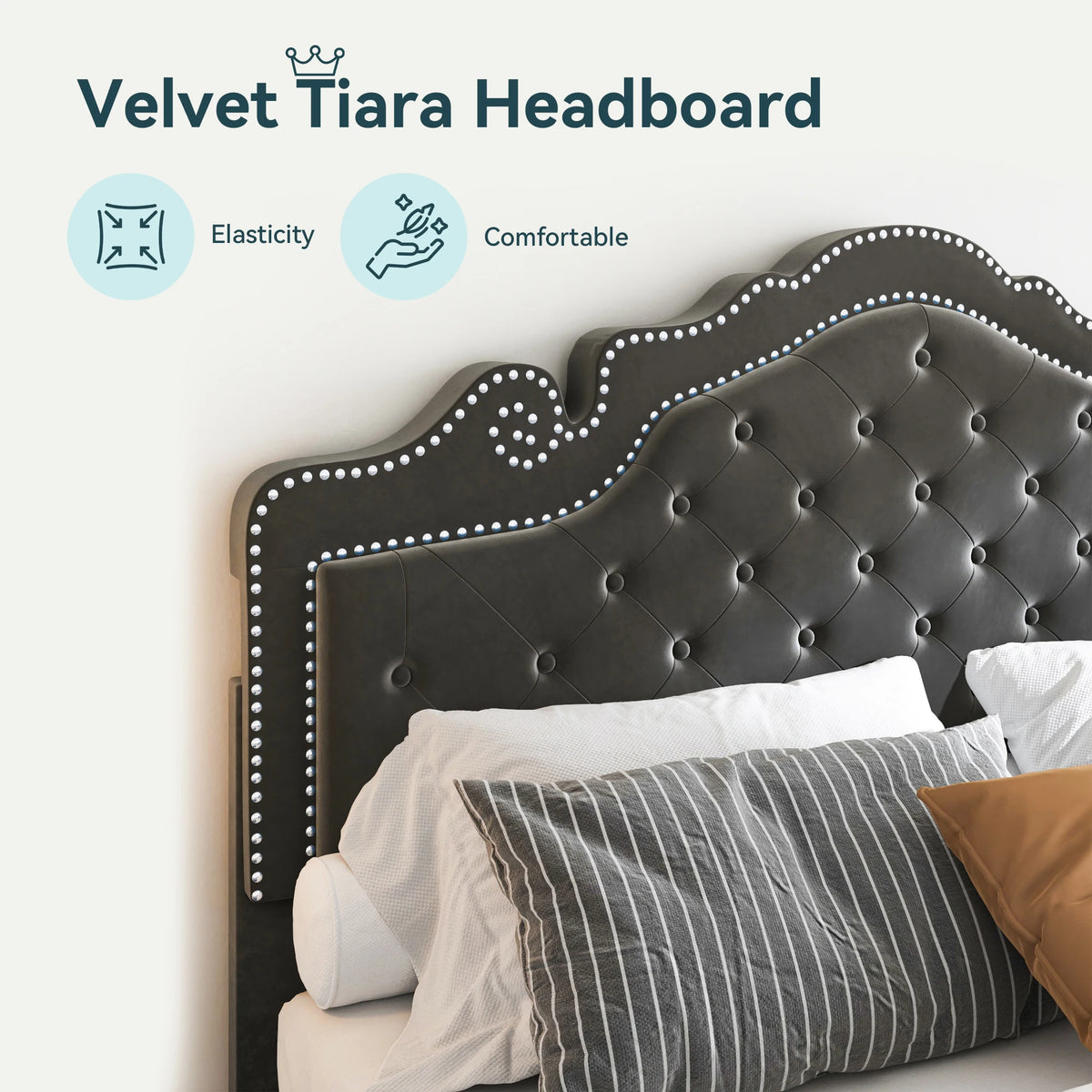 HOOMIC Velvet Upholstered Bed Frame With Diamond Tufted Tiara Headboard