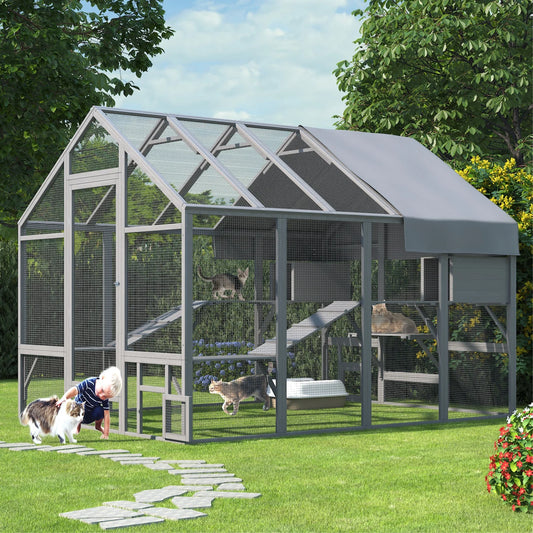 96.5" Walk-In Outdoor Cat Enclosure, Extra Large Waterproof Catio for Multiple Cats, Cat Run Cage with 2 Condos, 7 Platforms & Bridges, Grey