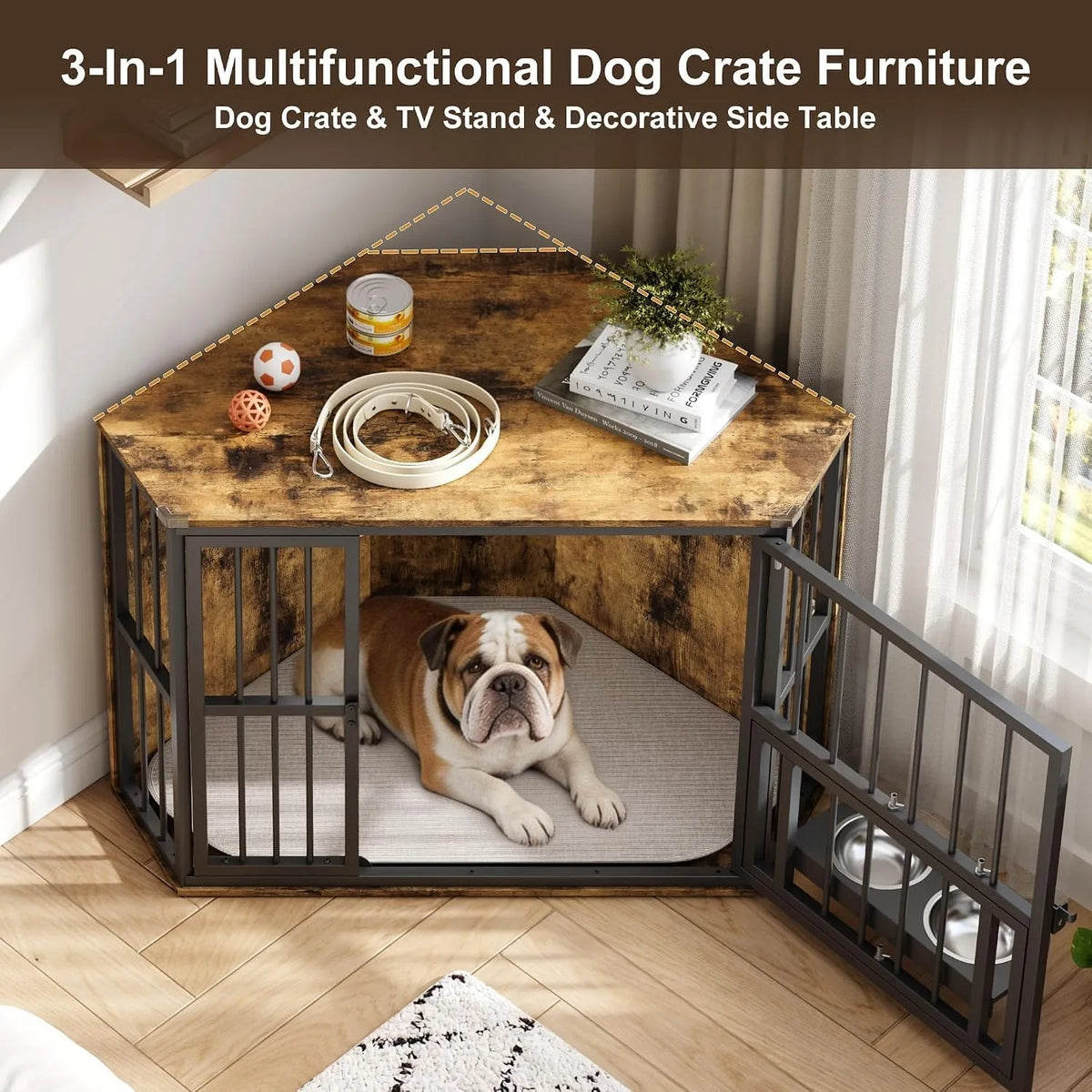 Wooden Corner Dog Crate Furniture With Double Door Lockable Cage