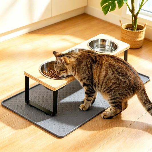 Elevated Cat Feeder With Tilted Stainless Steel Bowls And Mat