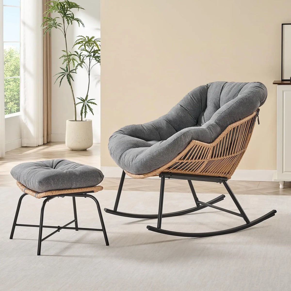 ONBRILL Papasan Rocking Chair With Ottoman Wicker Outdoor Lounge