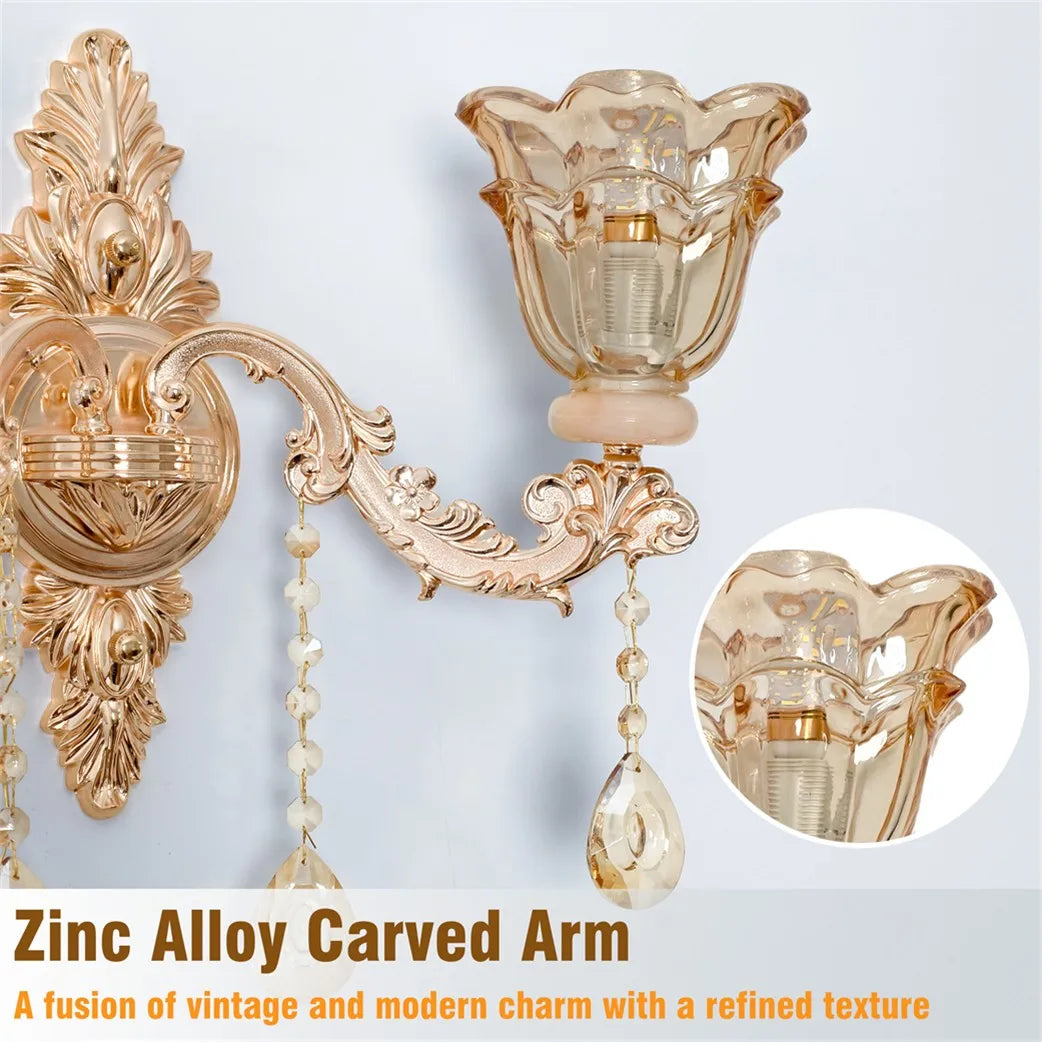 Antique Gold Floral Wall Sconce with Clear Crystals Lampshade Wall Lighting for Entrance Bedroom Hallway Decor