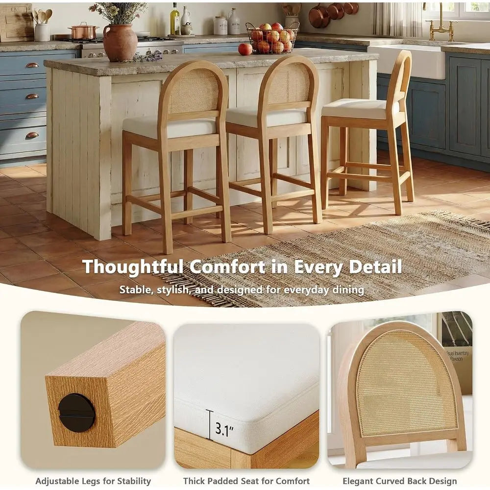 Upholstered Rattan Counter Height Bar Stools With Soft Chenille Seats