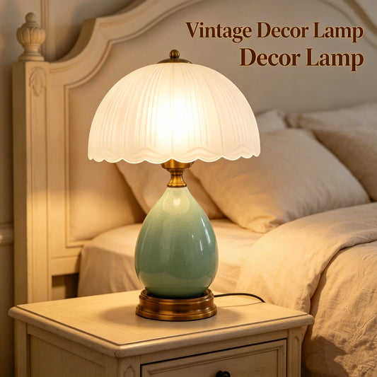 Vintage Crackle Green Ceramic Table Lamp, Pleated Scalloped Frosted Glass Lampshade, Antique Gold Metal Base Bedside Nightstand Lamp, Elegant Decor Desk Lamp for Bedroom Living Room Hotel Home Decor