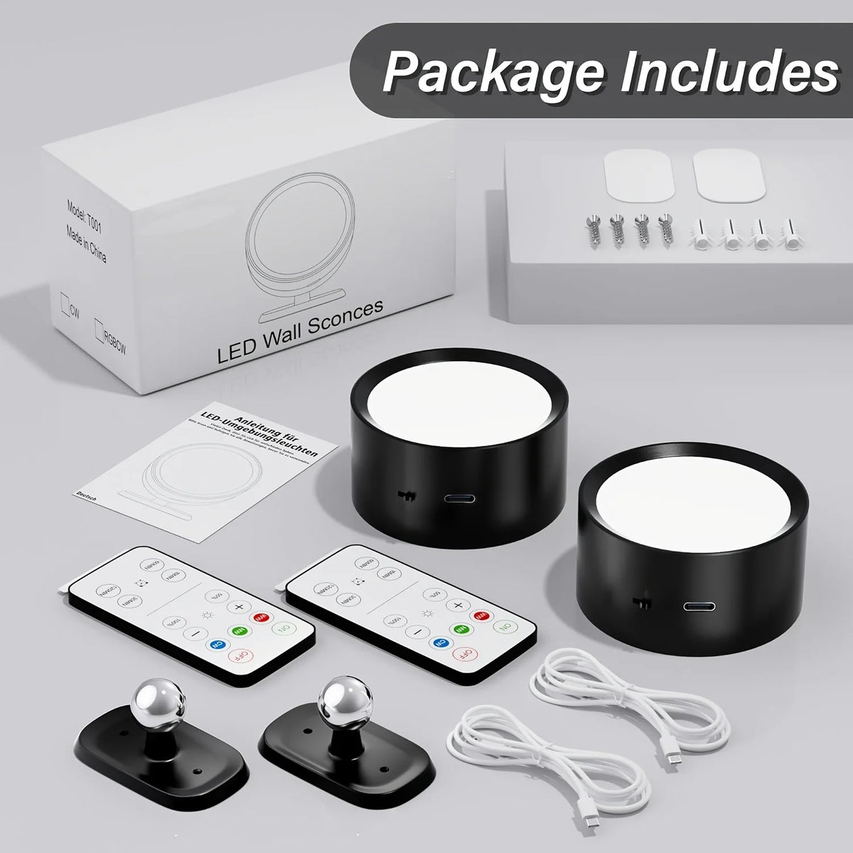 2PCS Magnetic LED Wall Sconce Light USB Rechargeable Dimmable 3 Color Temperatures Warm Cool Daylight Remote & Touch Dual Control 360° Rotation Wall Mount Lamp for Bedroom Study Reading Living Room Hallway Closet Stairway In