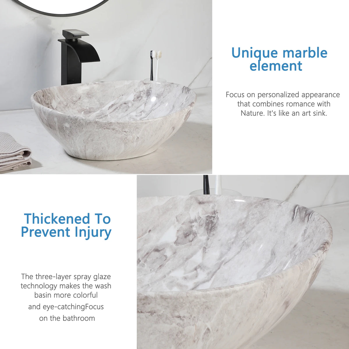 MEKKHALA Oval Ceramic Vessel Sink Set With Waterfall Faucet