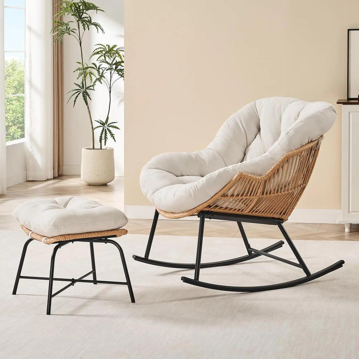 ONBRILL Papasan Rocking Chair With Ottoman Wicker Outdoor Lounge