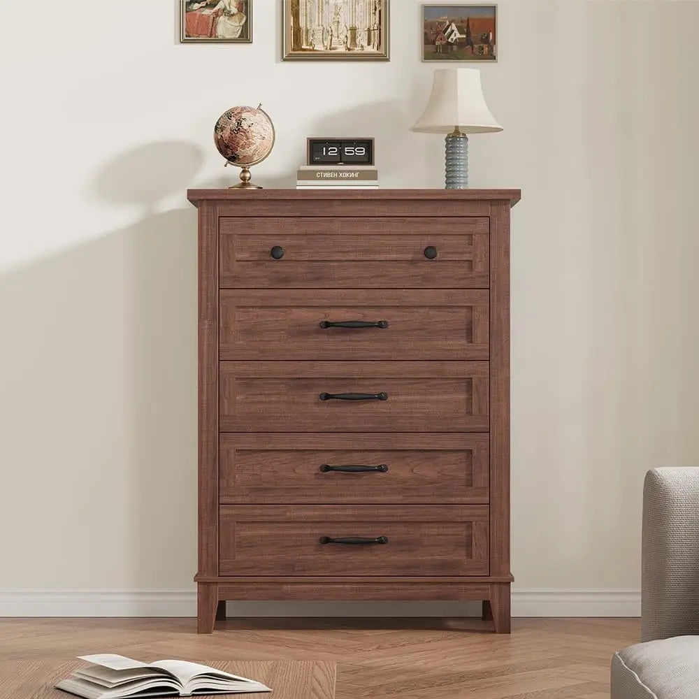 Five Drawer Wooden Dresser With Spacious Bedroom Storage Cabinet