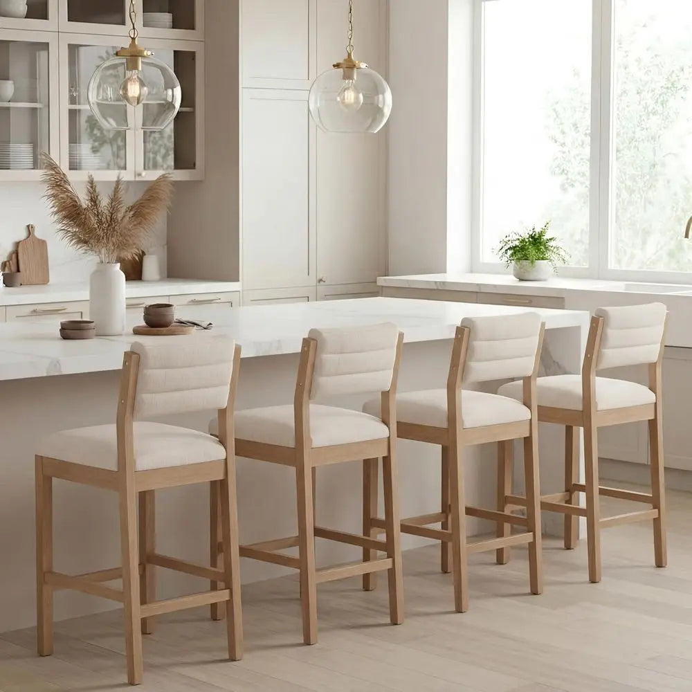 Upholstered Linen Counter Bar Stools With Wooden Legs