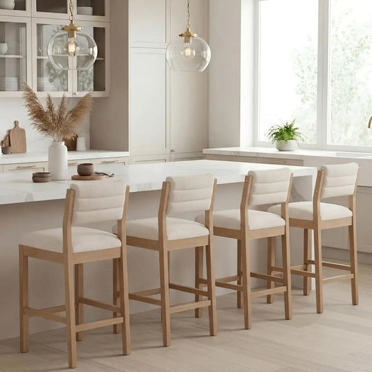 Upholstered Linen Counter Bar Stools With Wooden Legs