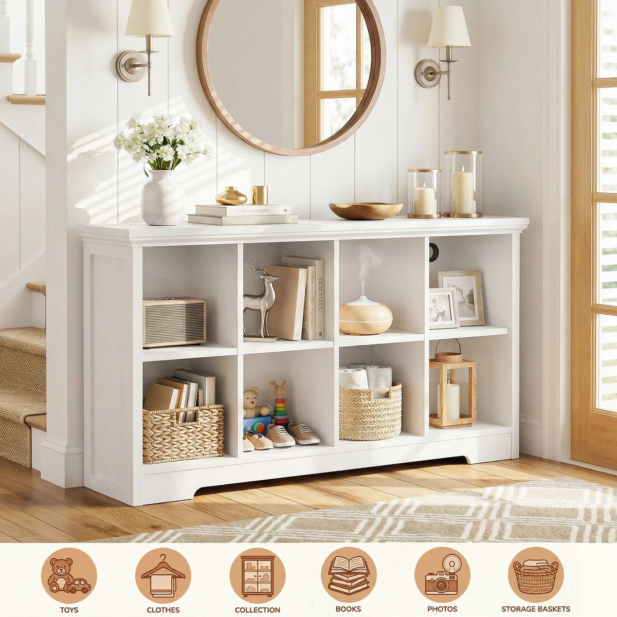 Aheaplus 8 Cube Wooden Bookshelf With Integrated Charging Ports
