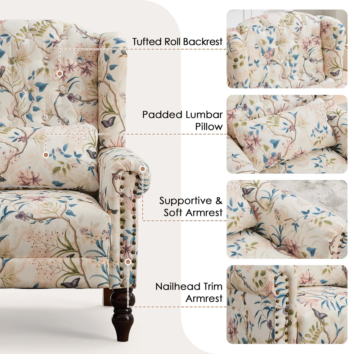 TCGBKAF Vintage Floral Fabric Wingback Armchair With Rotating Base