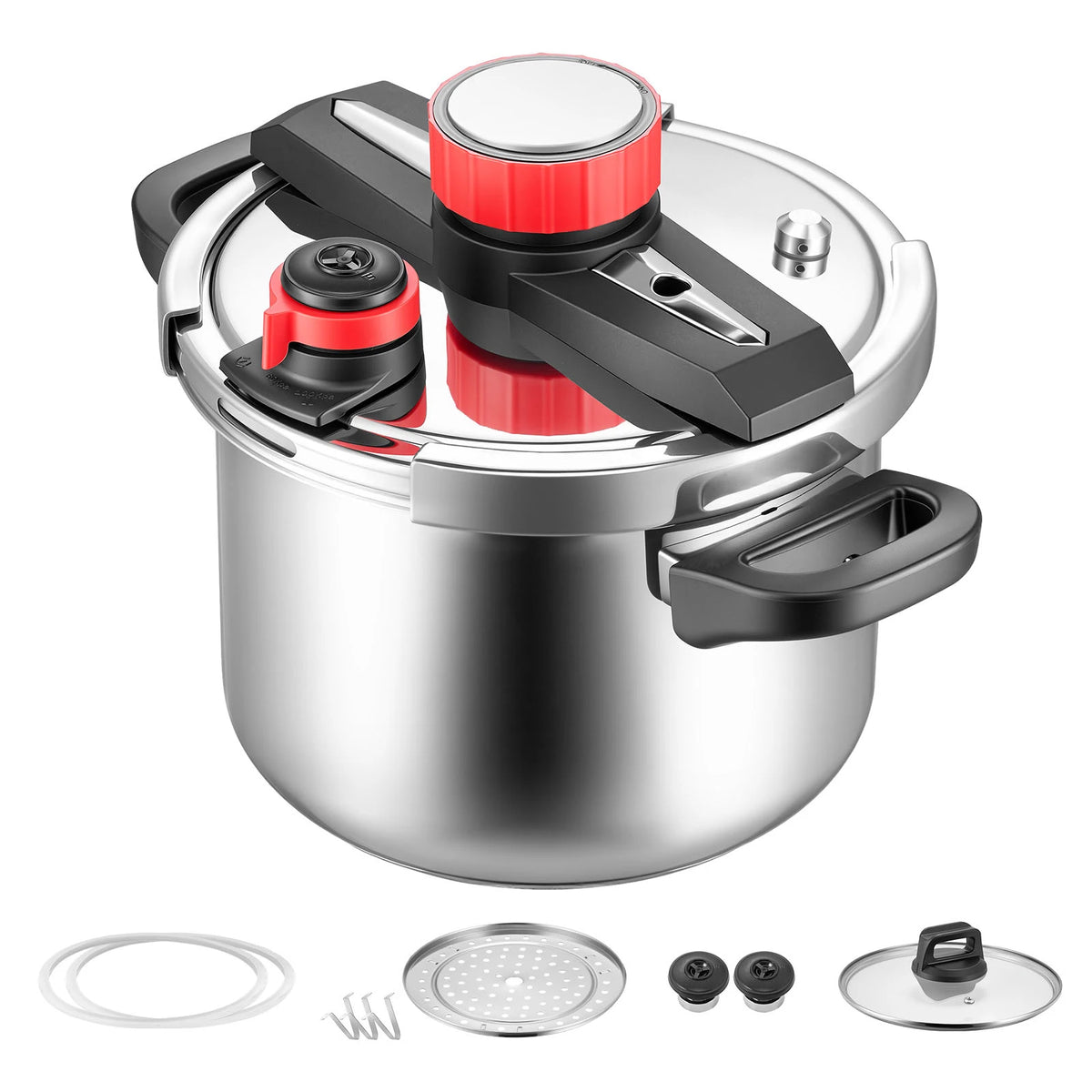 SucceBuy Stainless Steel Pressure Cooker Tempered Glass Lid Steaming Rack