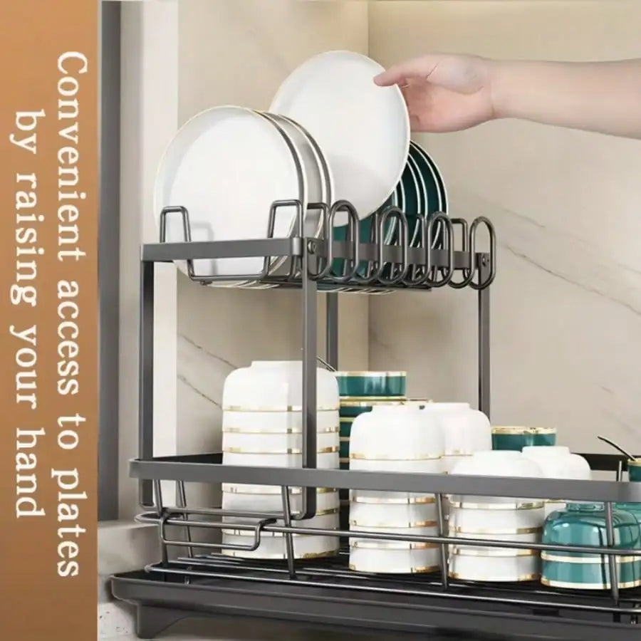 Double Layer Carbon Steel Kitchen Cutlery Rack With Drainer