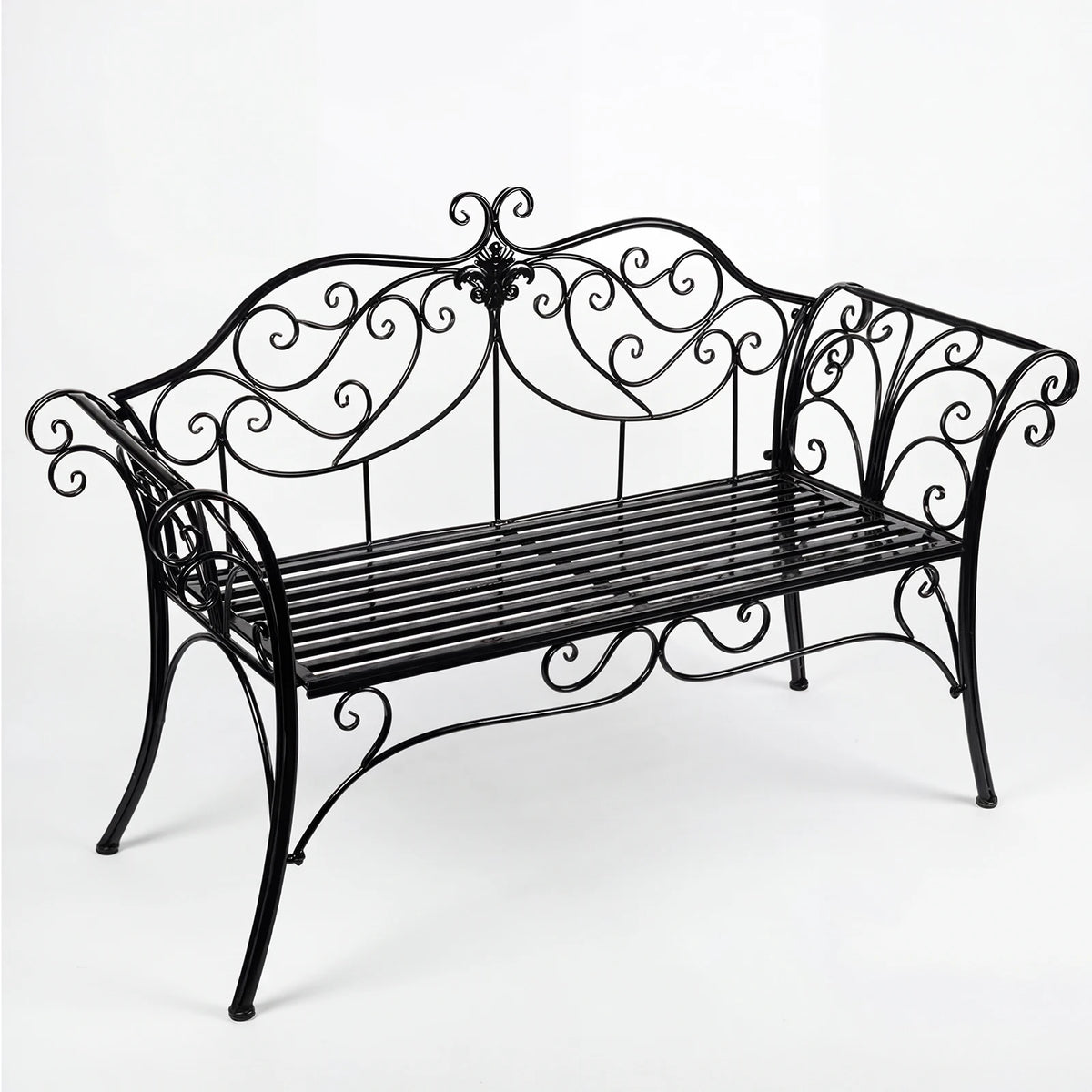 Wrought Iron Garden Bench With Decorative Backrest For Outdoor Use
