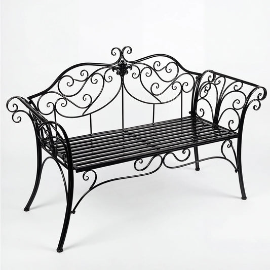Wrought Iron Garden Bench With Decorative Backrest For Outdoor Use